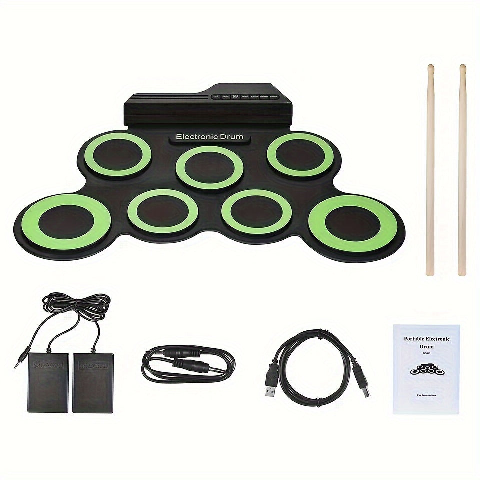 Compact and portable electronic drum kit for beginners, features USB MIDI, headphone jack, built-in metronome, and battery power. Ideal for drum practice and includes basic functions.