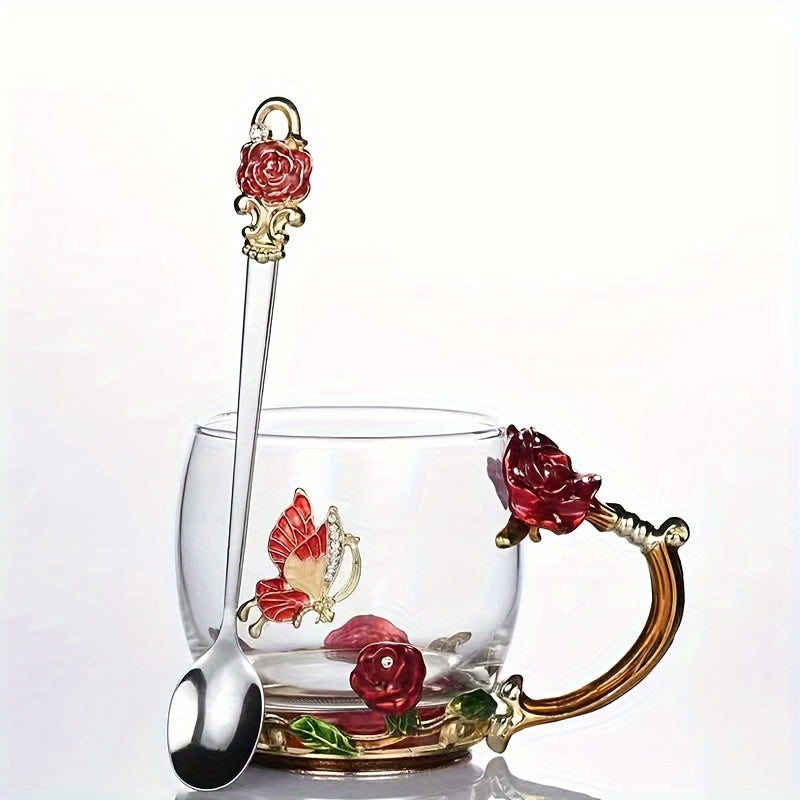 Rose enamel crystal tea cup featuring butterfly and rose design, heat resistant for coffee and water, perfect gift.