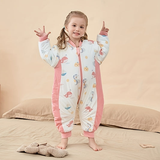 Soft cartoon animal print sleeping bag for kids, machine washable, 100% polyester, suitable for boys and girls with zip closure.