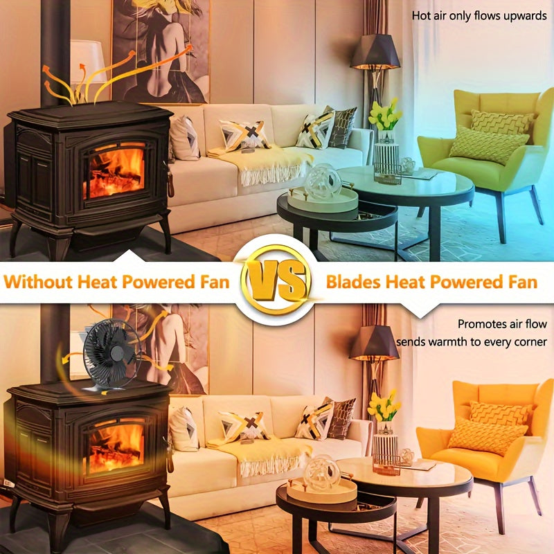 The fireplace fan is both quiet and powerful, featuring a protective cover and thermoelectric blade for even heat distribution. It also has an auto-shutoff function for high temperatures and a sturdy metal construction.