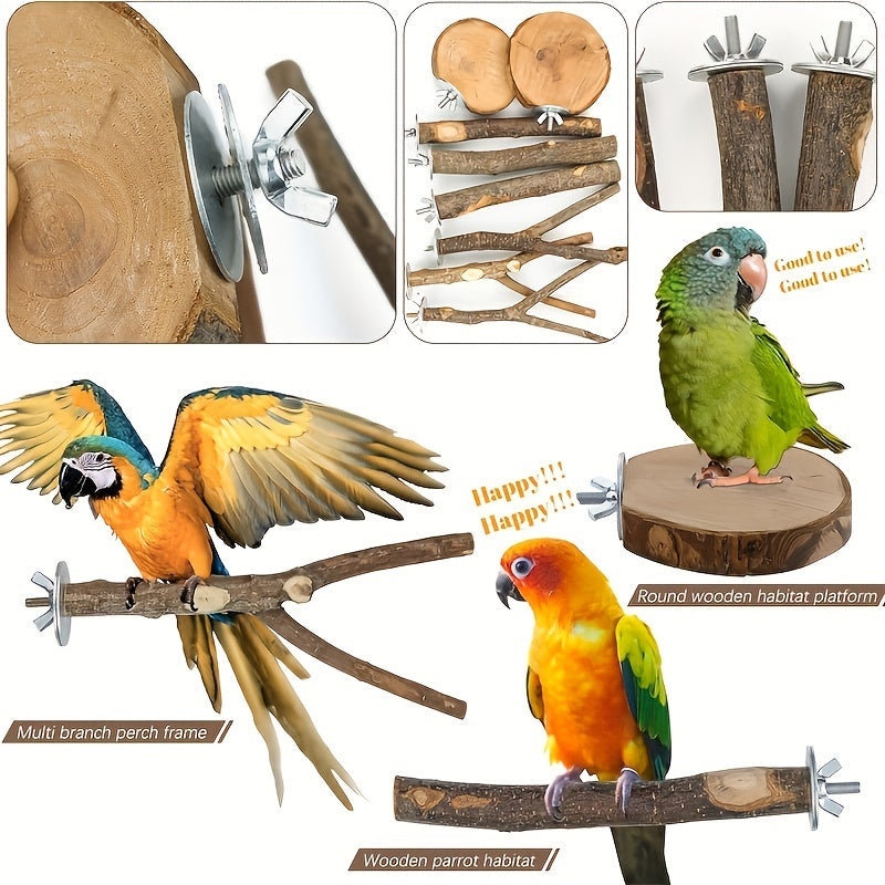 Set of 8 natural wood bird perch toys for various bird species.