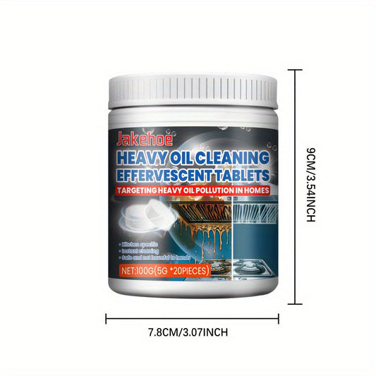 20 tablets of Kitchen Cleaning Effervescent Tablets designed to remove stubborn dirt and stains from kitchen stoves, sinks, and range hoods.