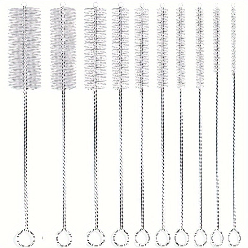 10 stainless steel handle soft bristle straw brushes for cleaning various items such as teapots, cups, and test tubes.