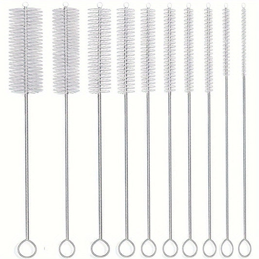 10 stainless steel handle soft bristle straw brushes for cleaning various items such as teapots, cups, and test tubes.