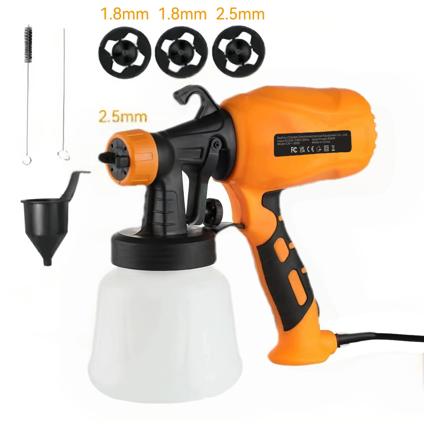 30oz HVLP Electric Spray Gun with 3 Spray Patterns, European Standard Plug, for Home & Professional Use on various surfaces, Orange & Black Design