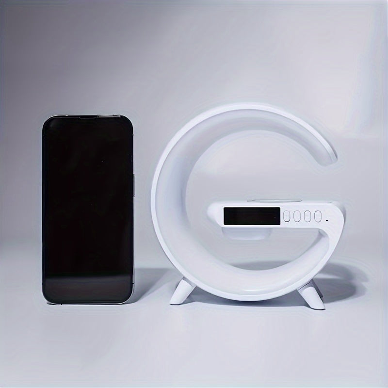 Smart lamp with wireless phone charging, RGB night light, alarm clock, and bedside table lamp.