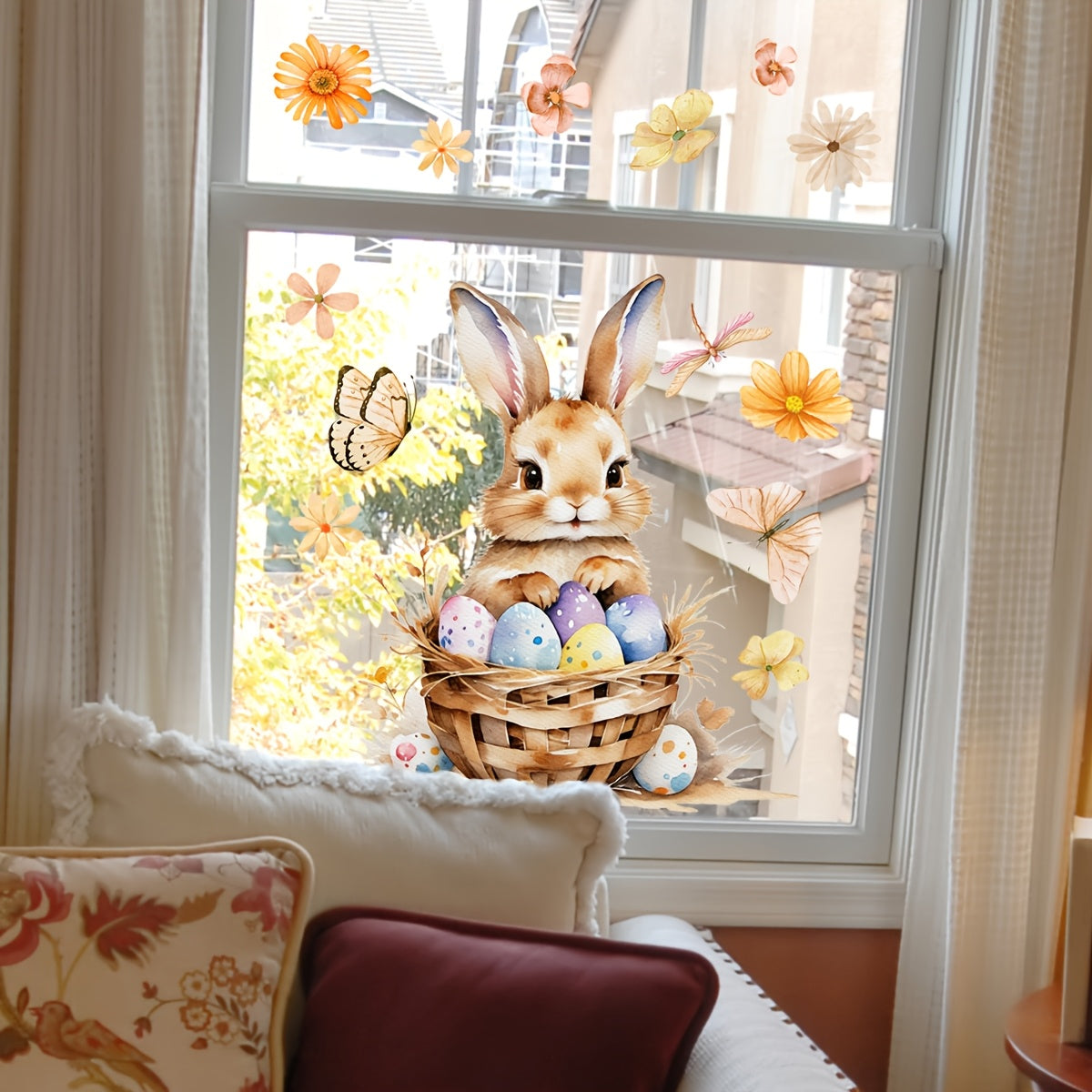 Rabbit Decor - Easter Bunny and Egg Basket Window Cling Decoration - 30x30cm Dual-Sided Electrostatic PVC Sticker with Festive Floral and Butterfly Accents, Reusable for Bedroom or Balcony