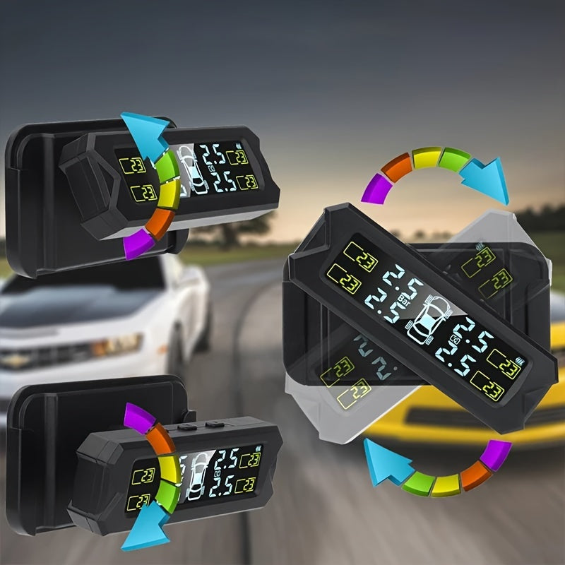 Solar-powered TPMS for accurate monitoring of wheel gas pressure, easily installed on vehicle glass.