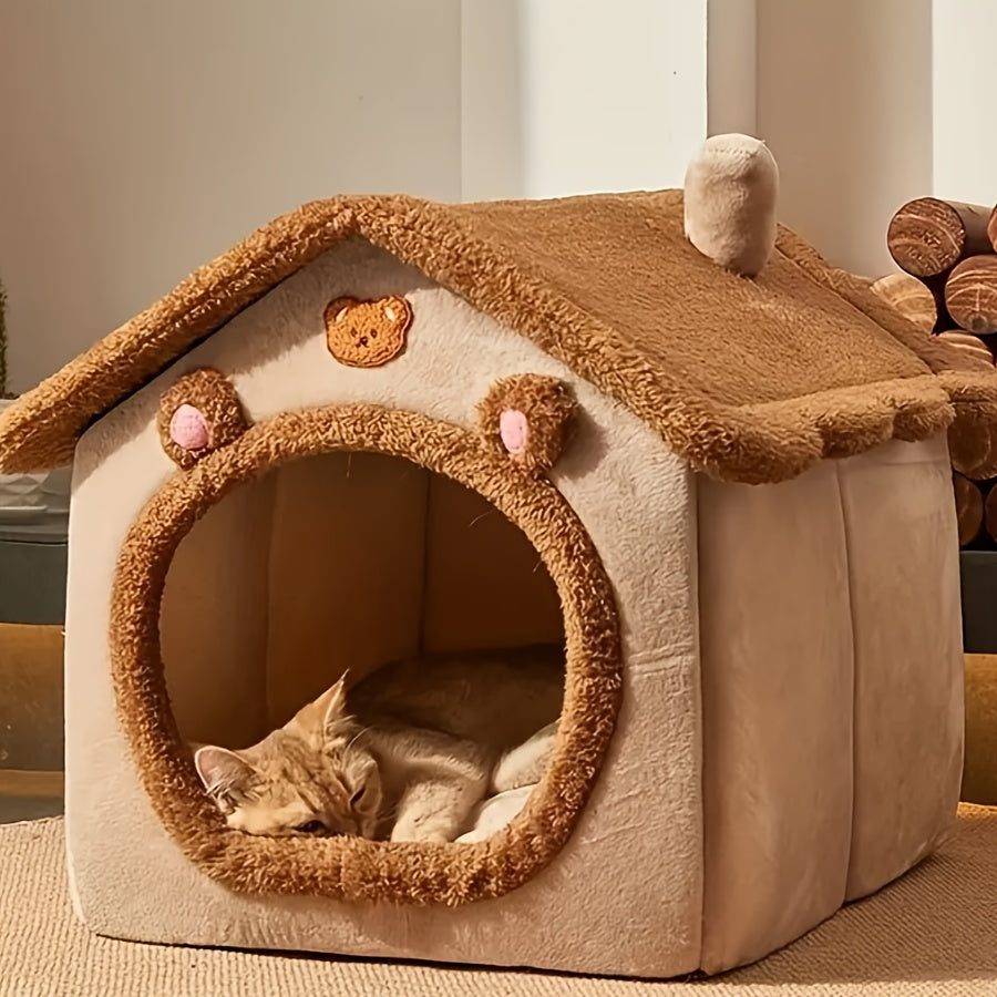 Detachable and washable cat bed with soft plush interior, suitable for cats and small dogs. Easy assembly and cute design for winter warmth.