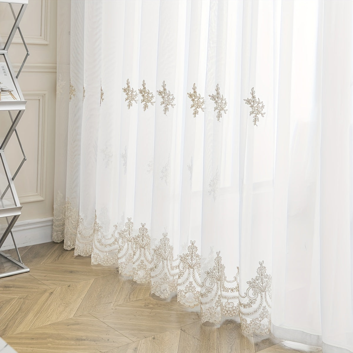 Beautiful French-style sheer curtain with delicate embroidery, featuring small flowers in a European design. This white translucent curtain is perfect for adding a touch of elegance to your living room or bedroom. Complete with a rod pocket for easy