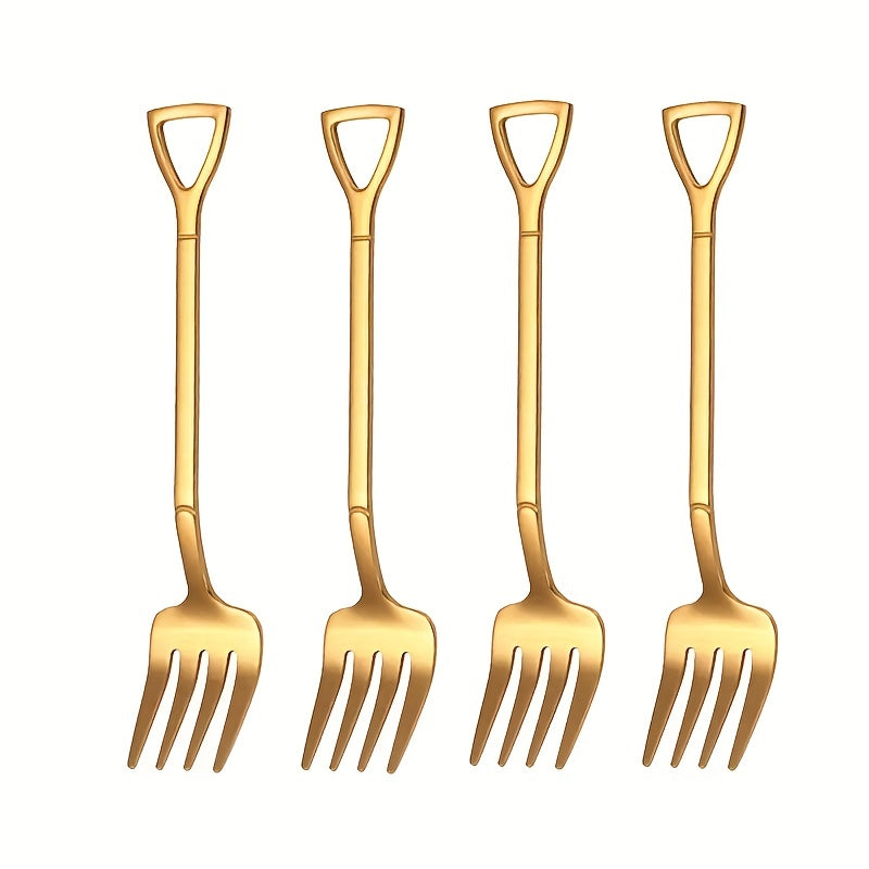 Set of 4 stainless steel fruit, cake, and dessert forks in creative shapes. Dishwasher safe. Perfect for home, restaurant, hotel, parties, gifts, coffee bars, Halloween, Day of the Dead, and Christmas.