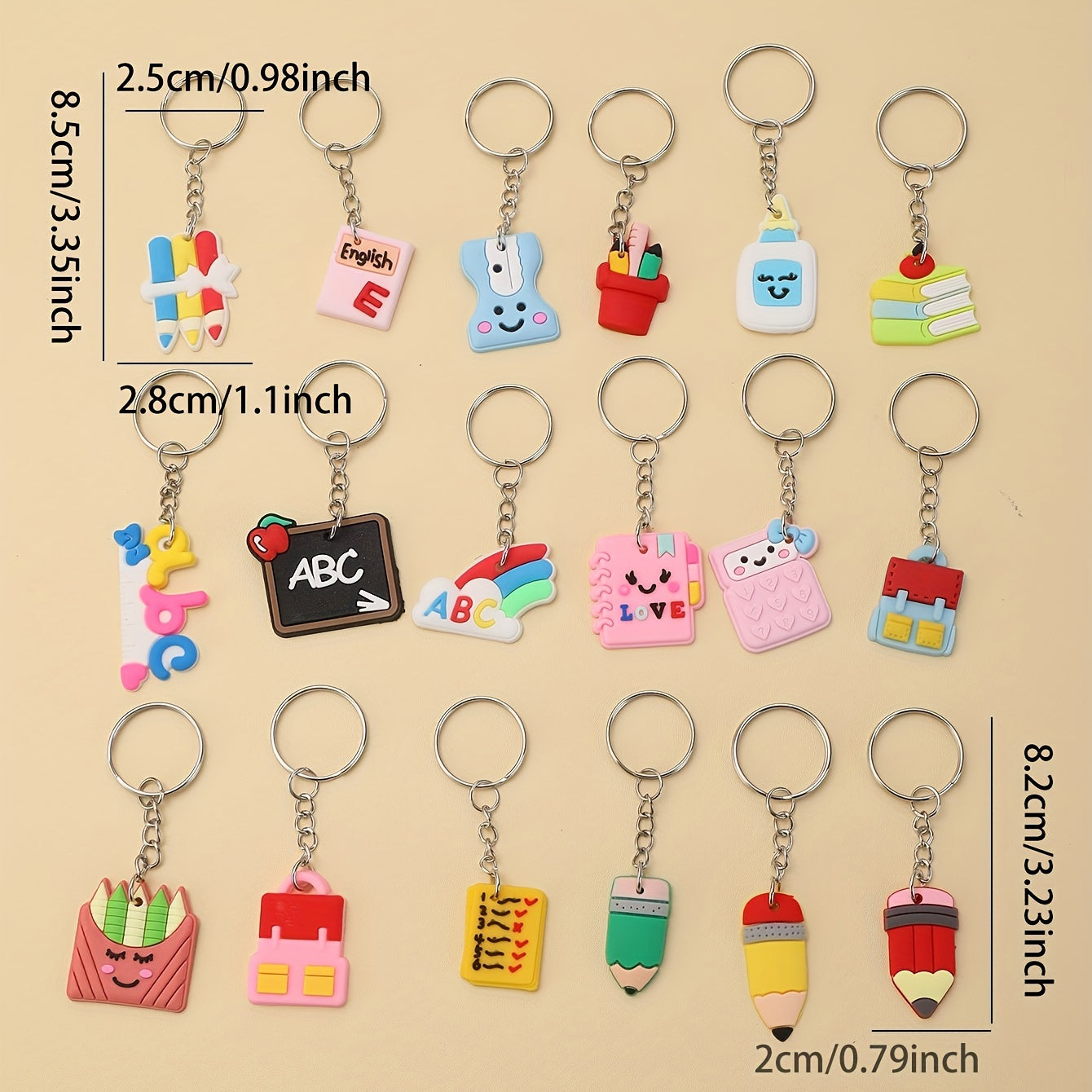 Set of 18 Youngsters' Stationery Keychains - Adorable PVC Charms for Backpacks & Wallets, Ideal for Classroom Rewards & Gifts for Youngsters' Day