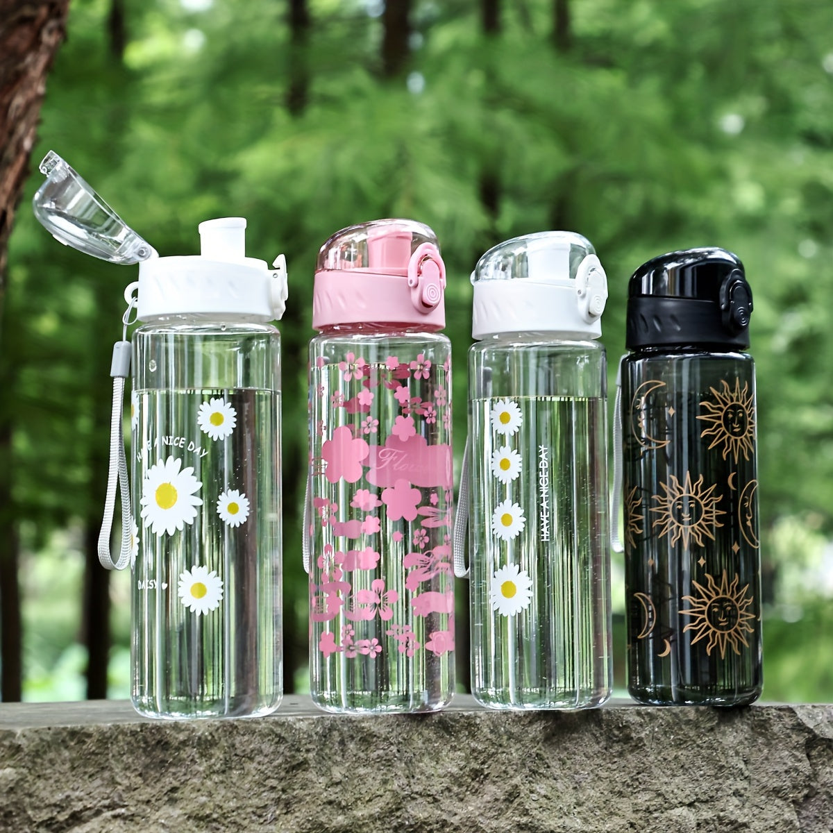 18.6oz water bottle with celestial design, portable and durable PC plastic, high-quality, PVC-free, black lid, white strap - ideal Valentine's gift