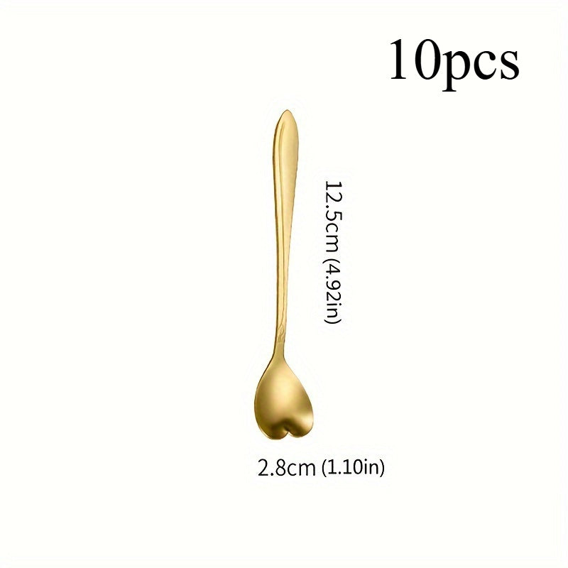 Set of 10 Golden Heart-Shaped Stainless Steel Dessert Spoons, High-Quality Mixing Spoons for Ice Cream, Coffee, Cocktails, Unique Kitchen Utensils, Ideal Present