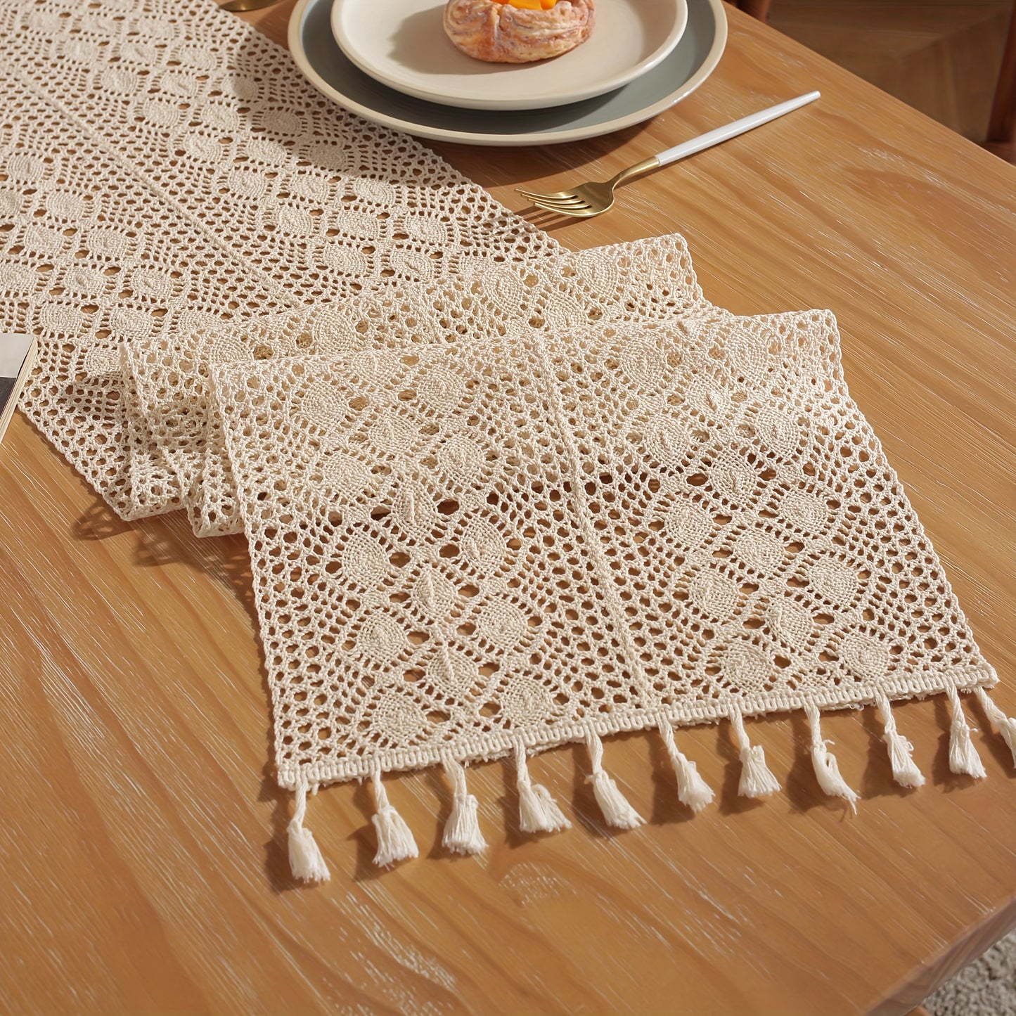 Beige geometric crochet table runner made of pure cotton linen with small rhombus pattern and hollow lace design.