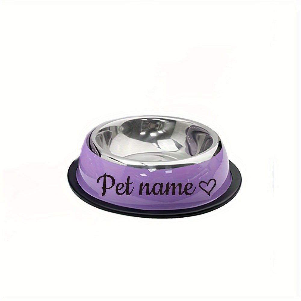 Custom stainless steel dog bowl with non-slip base for small, medium, and large dogs. Personalize with pet's name for food and water.