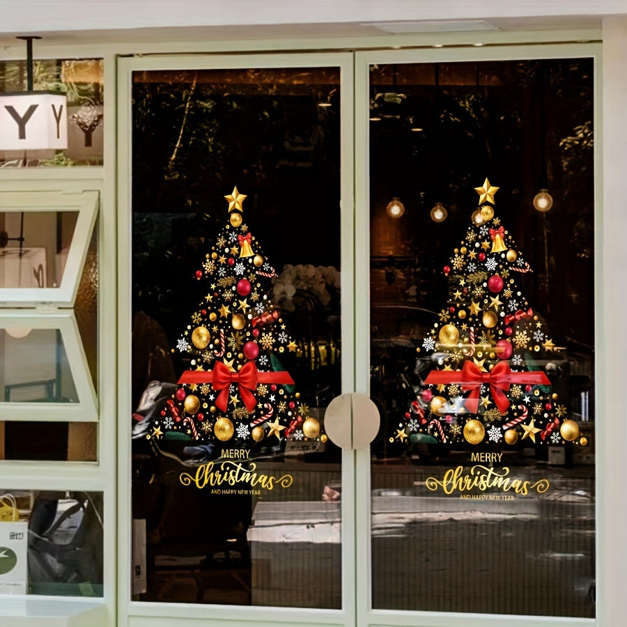 Festive Christmas Tree Static Cling Window Film made of PVC, measuring 45cm x 60cm, perfect for decorating glass doors during the holiday season at home or in shops.