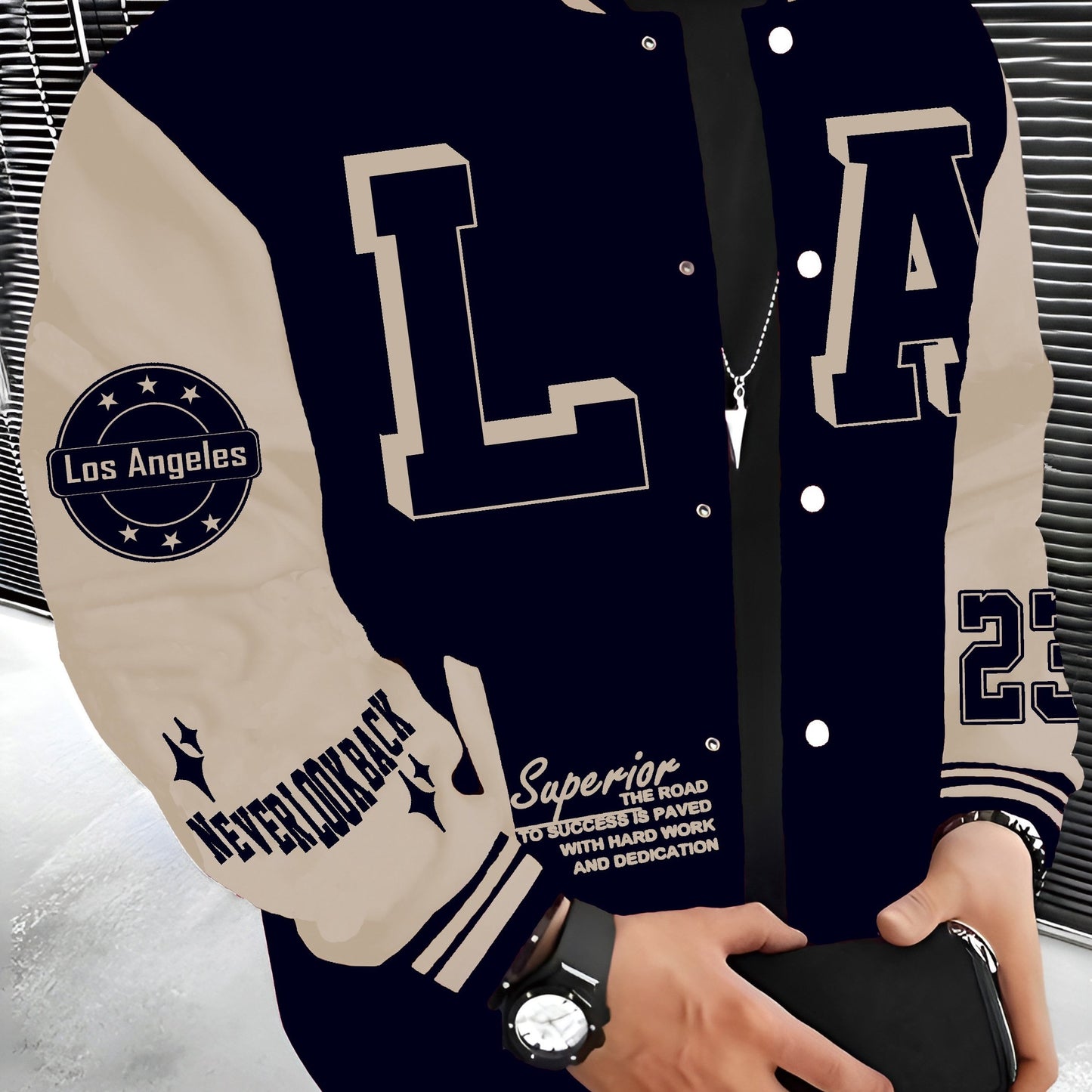 Men's LA Baseball Jacket in red and black with white lettering, "SUPERIOR QUALITY" embroidery. Made of lightweight and warm polyester with pockets, featuring a hip hop rock style.