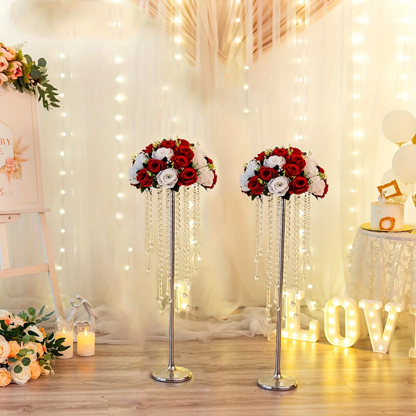 2 crystal flower stands for wedding centerpieces, metal holders for tabletop flower arrangements at reception ceremonies.