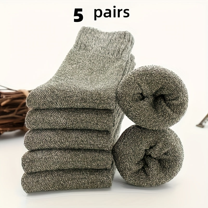 5 pairs of men's thick wool blend mid-calf winter socks in solid colors, soft and warm for casual or cold weather. Gift-ready packaging, quality fabric.