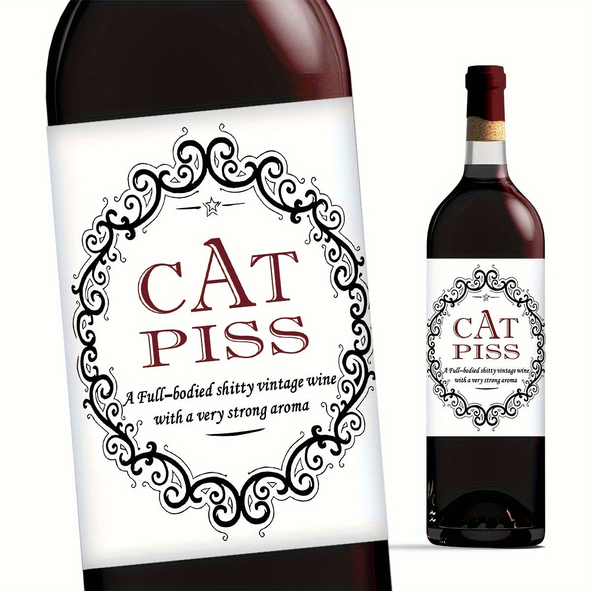 6 Cat Piss Champagne Bottle Labels - Funny Christmas & Birthday Stickers, Waterproof Vinyl, Black/White with Ornament Design - Great for Holiday Parties & Gifts.