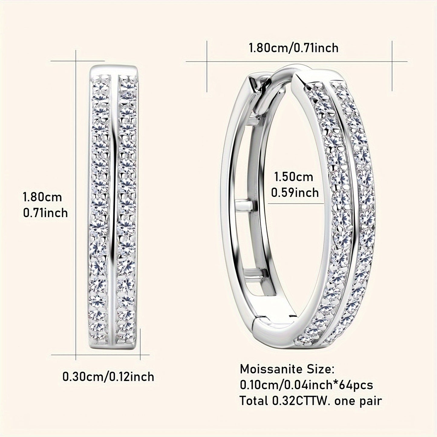 Pair of Moissanite Earrings crafted in 925 Sterling Silver with a silvery Gram Weight of 2.72g. Features 64pcs of Moissanite stones measuring 1mm each, totaling 0.16ct per earring. These Women's Fashion Hoop Earrings have an inner diameter of 15mm.