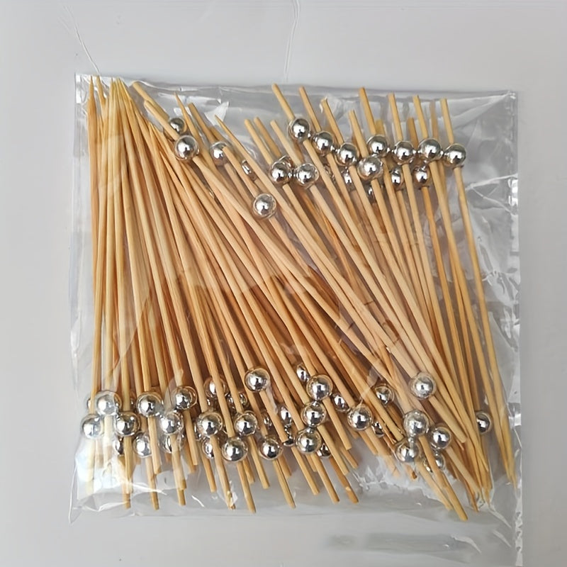 100 fancy handmade bamboo cocktail picks for appetizers, fruit, and BBQ parties, measuring 4.7in.