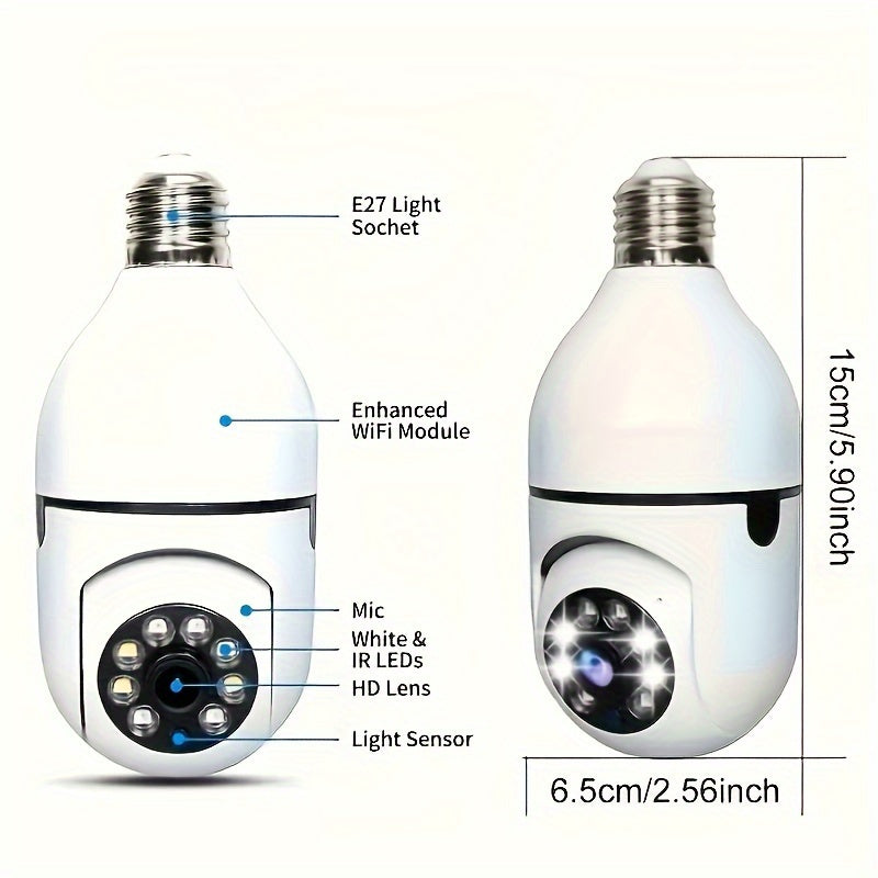 Upgrade your security with the 1080P HD Smart WiFi Light Bulb Camera! Featuring 355° PTZ, Motion Tracking, Two-Way Audio, Weatherproof design, Dual WiFi connectivity, and Alarm Notifications. This E27 Screw-In camera is the perfect security solution for