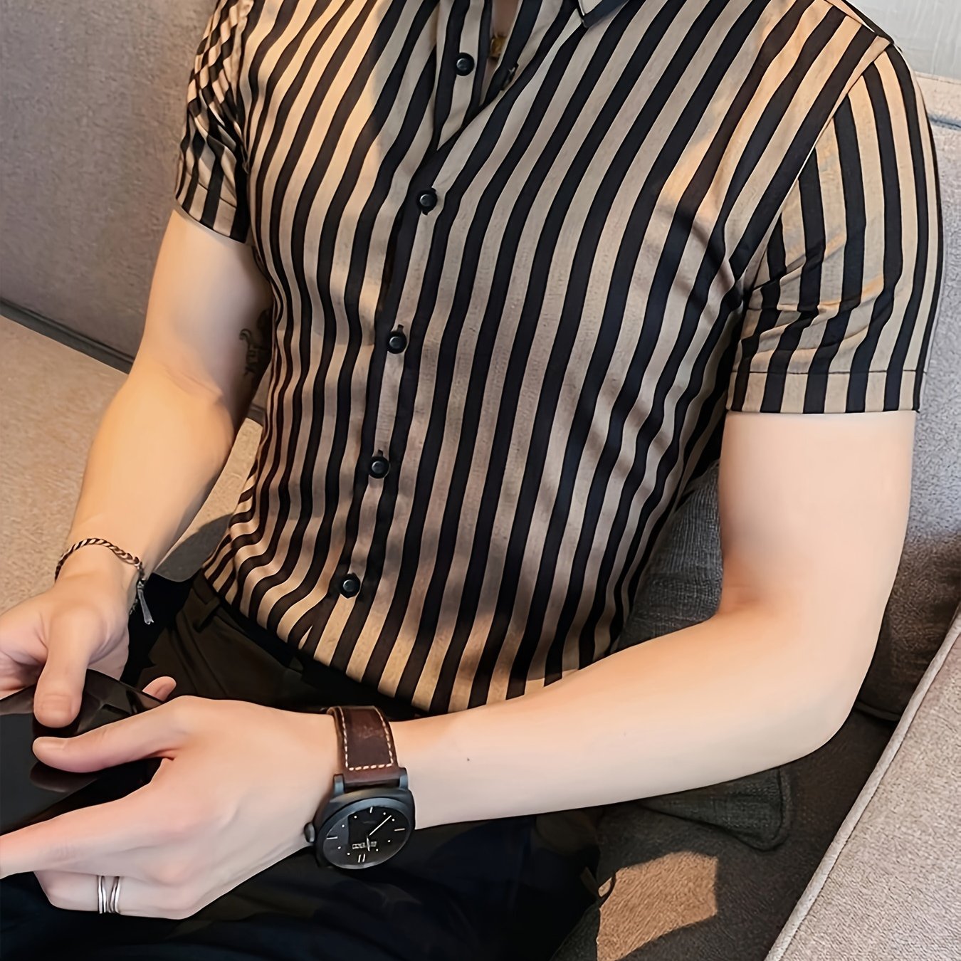 Men's Summer Striped Business Shirt, Short Sleeve Button, Regular Fit, 95% Polyester 5% Elastane, Work Style, Lapel Collar, Lightweight - Casual Workwear