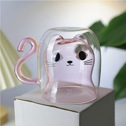 Double-walled glass coffee mug with cat design - reusable cup for hot and cold drinks - ideal gift for birthdays or holidays.