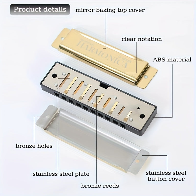 10-Hole C Key Professional Blues Harmonica with case, cloth, manual - perfect Eid gift for beginners, students, adults, and professionals.