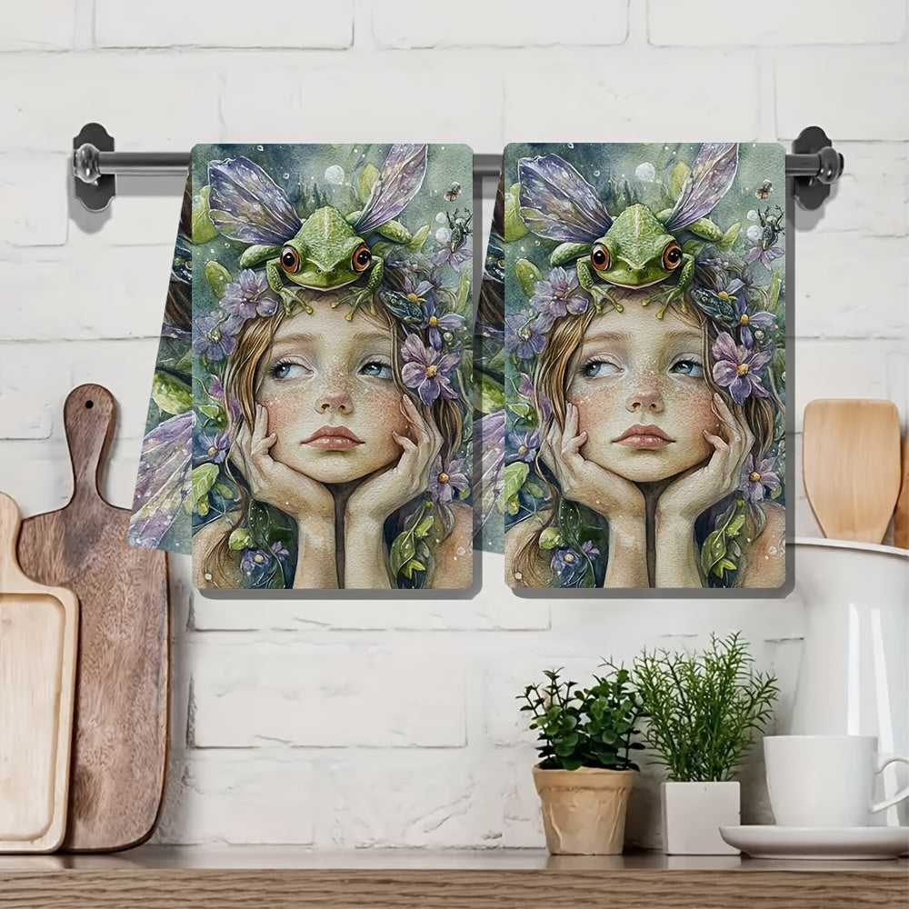 Set of 2 Enchanted Frog & Fairy Art Kitchen Towels - Made from Ultra Soft and Highly Absorbent Polyester, Perfect for Drying Dishes - Machine Washable, Measures 40.64x60.96 cm - Adds a Touch of Whimsical Holiday Decor to Your Kitchen