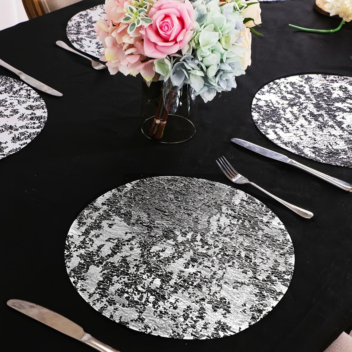 12-piece set of Golden Foil Mesh Disposable Placemats perfect for Halloween, Christmas, New Year, weddings, birthdays, parties, gatherings, and holiday home decor.