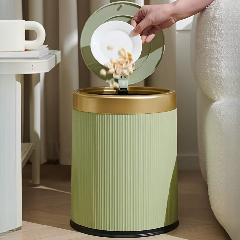 Cylindrical covered trash can for kitchen, bedroom, and living room with manual lifting lid.