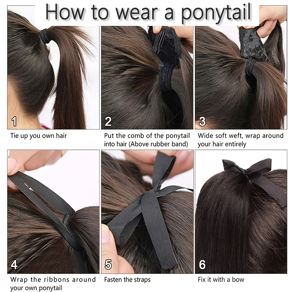 81.28 cm Black Synthetic Straight Ponytail Hair Extension, Drawstring Style for Women