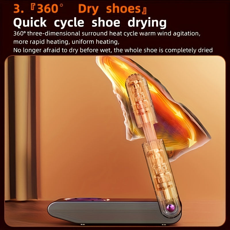 New for 2024: compact shoe dryer with timer, UV light, telescopic ports, and low noise. Includes rose salt box for bacteria removal. Ideal for snow boots, leather shoes, canvas shoes, and