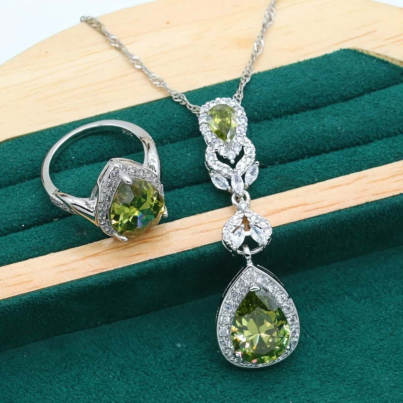 Exquisite 5-Piece Olive Green Zirconia Jewelry Set for Women - Featuring Elegant Synthetic Stones, Platinum Plated Copper with Full Pave Setting - Comes with an Adjustable Ring, Long Earrings, Necklace, and Bracelet - Ideal for Weddings, Banquets, and as