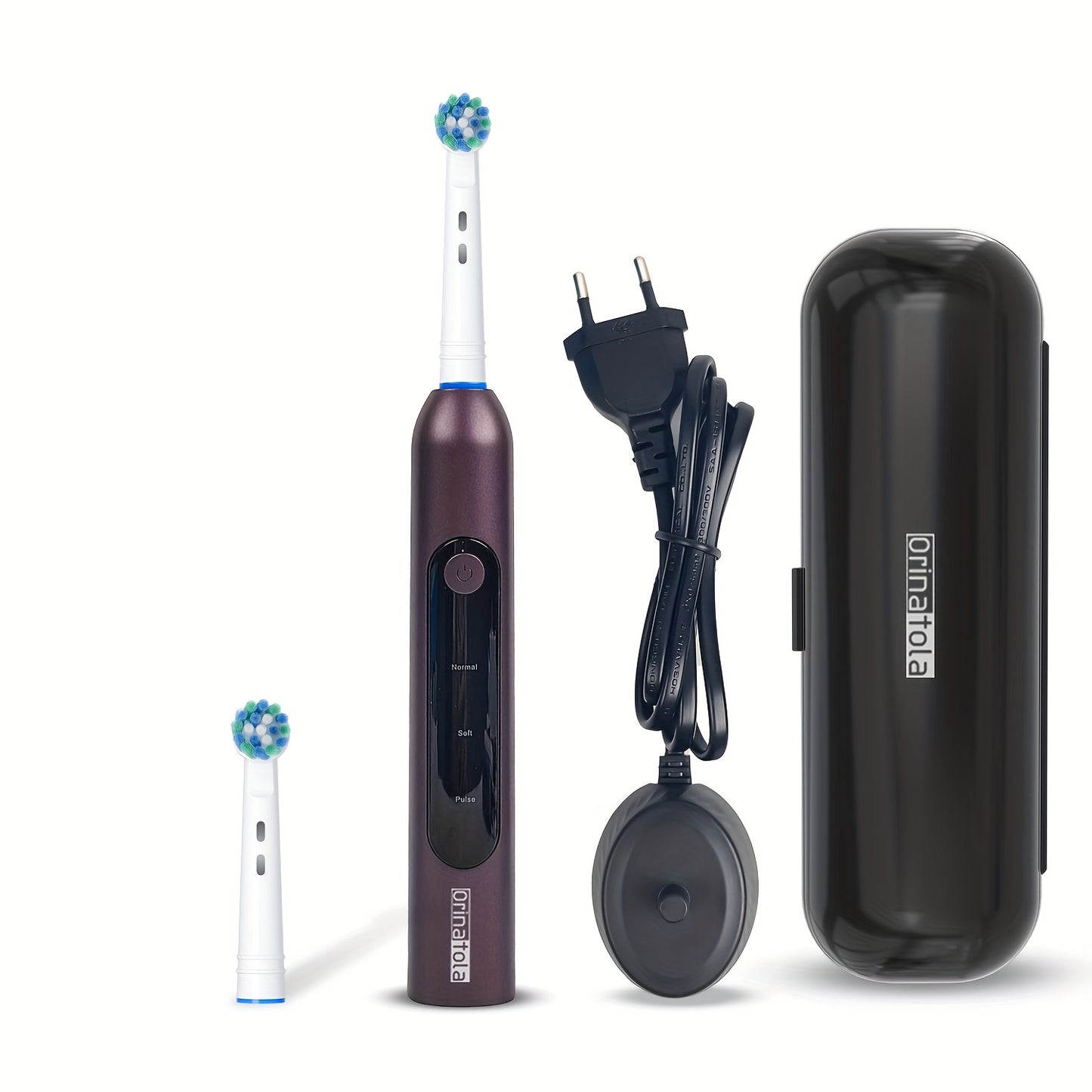 Orinatola Electric Toothbrush with 3 rotating cleaning modes, 1 travel case, 2 replacement brush heads, induction charging, and high rating - ideal for gifting.