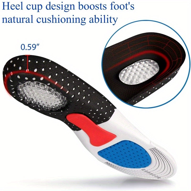 Unisex orthopedic insoles with memory foam gel inserts, arch support pads, and shock absorption for sports shoes.