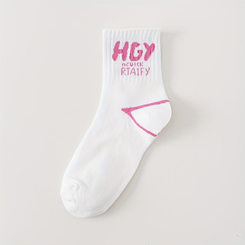 5 pairs of pink letter socks for women, calf-length stockings perfect for spring and summer.