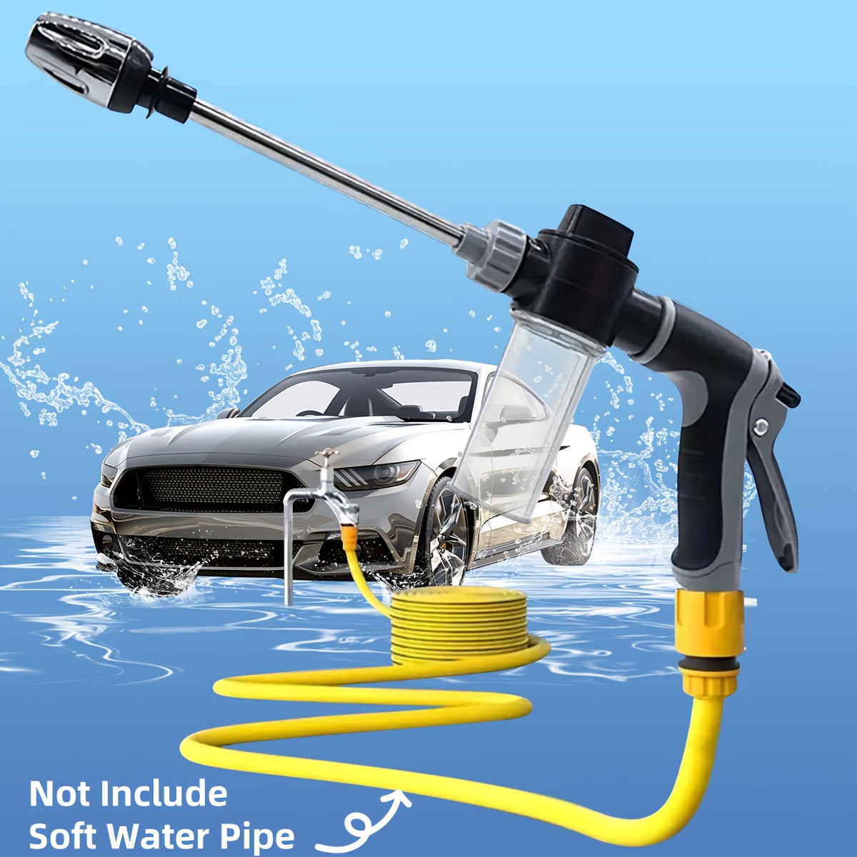 1pc HOTU High Pressure Car Wash Gun with Rubber Multi-Function Garden Hose Nozzle and Adjustable Sprayer. Includes Plated Copper Tip and Universal Quick Connect Adapter for Cleaning Tools.