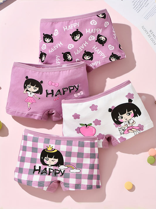 4 Cute Girls' Cotton Boxer Briefs with Cartoon Print - Breathable, Sweat Absorbent & Comfortable All Seasons, Double-layer Crotch, 95% Cotton