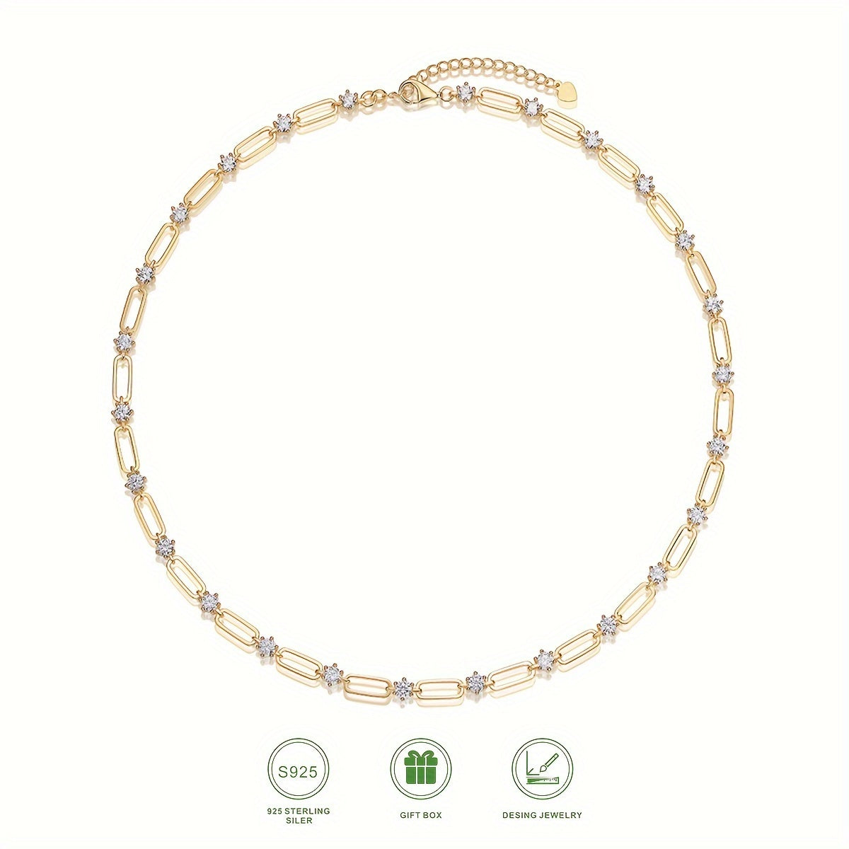 This elegant paperclip necklace features a 4.0mm Moissanite inlay, set in S925 sterling silver and plated with silvery and 18k gold. Perfect for everyday wear or special occasions such as engagements, weddings, and evening events. Makes a luxurious gift