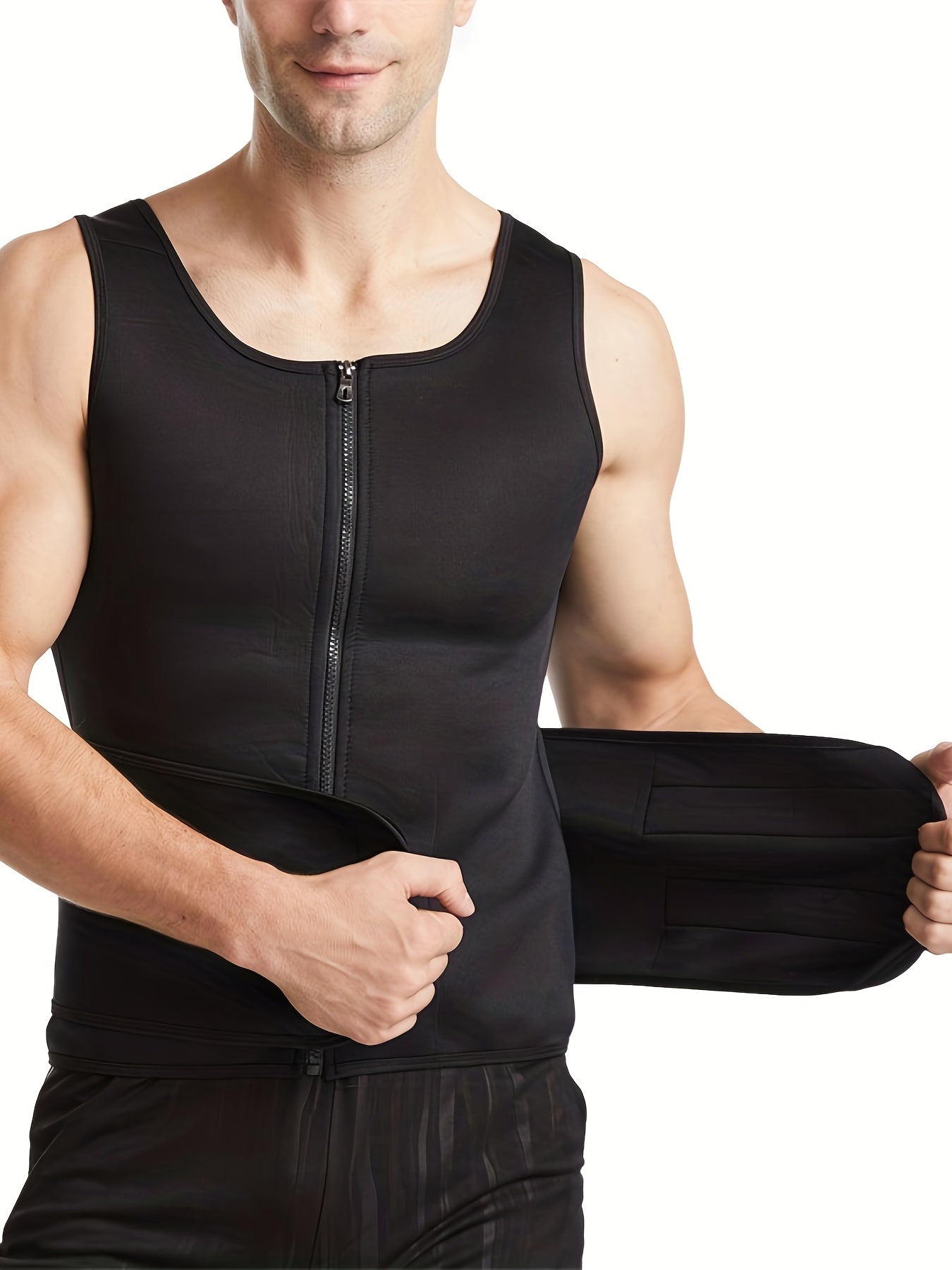 Men's body shaper tops with tummy control belt, sleeveless round neck tank tops.