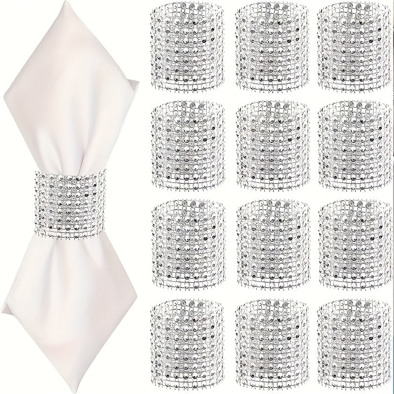 Set of 12 elegant rhinestone napkin buckles in gold for table décor, weddings, parties, and Christmas.