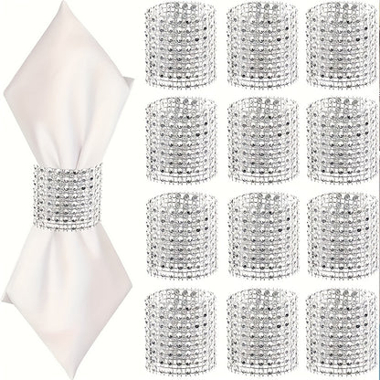 Set of 12 elegant rhinestone napkin buckles in gold for table décor, weddings, parties, and Christmas.