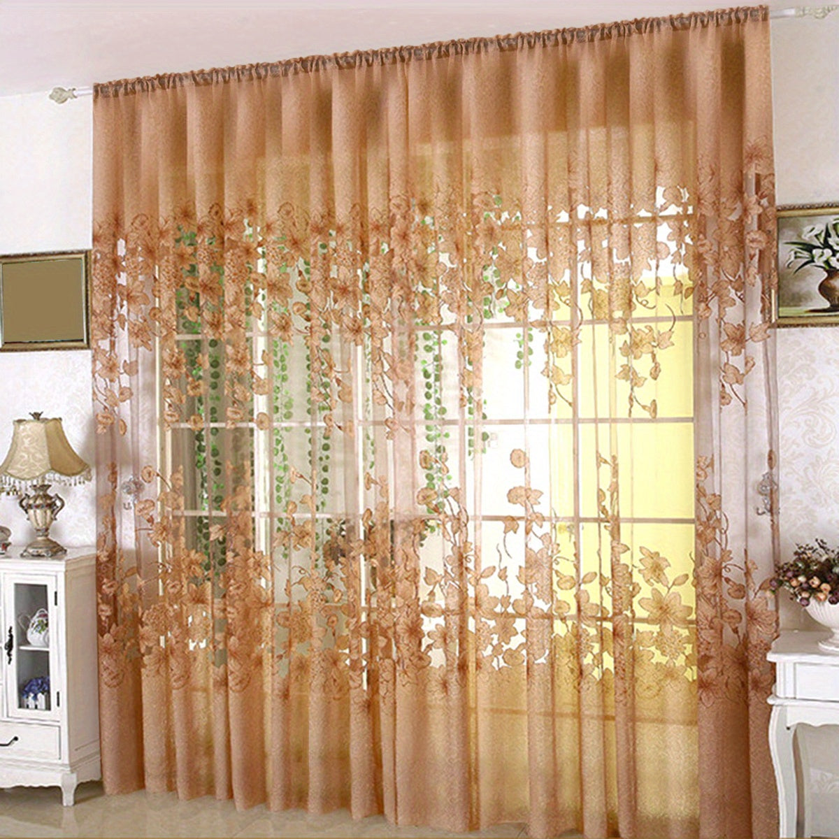 Sheer Curtain with Flower Pattern, Pastoral Morning Glory Design, Single Layer Thin Sheer Curtain with Rod Pocket, Ideal for Living Room and Bedroom Decor