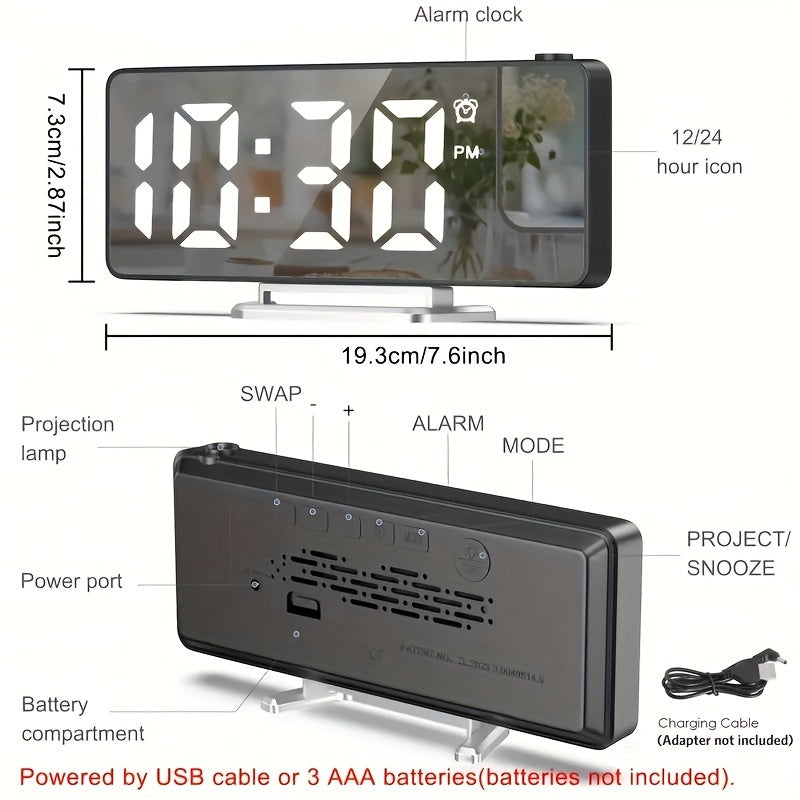 Modern LED Digital Alarm Clock with Projection, Temperature Display, USB Powered, Plastic Rectangle Frame, Flat Crown Shape, ≤36V Operating Voltage