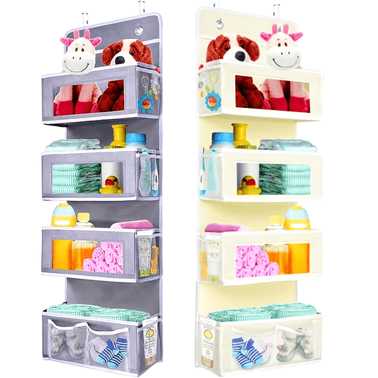 The Hanging Fabric Storage Organizer features an Over Door Pocket design with 4 Roomy Pockets, 10 Mesh Pockets, and 2 Mounting Hooks, perfect for organizing your pantry, closet, baby room, bathroom, bedroom, nursery, or dorm room.