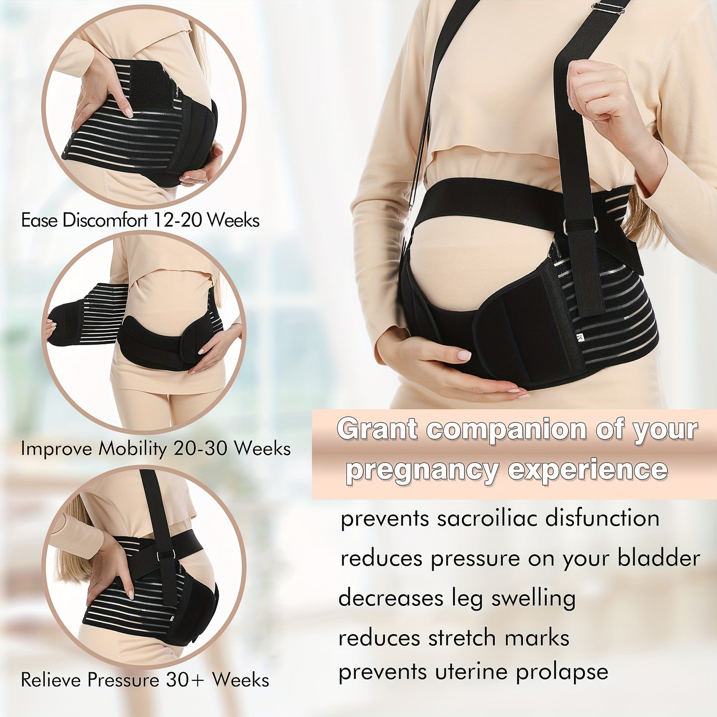 Pregnancy and postpartum support belt with breathable material, detachable shoulder strap, and adjustable sizes.